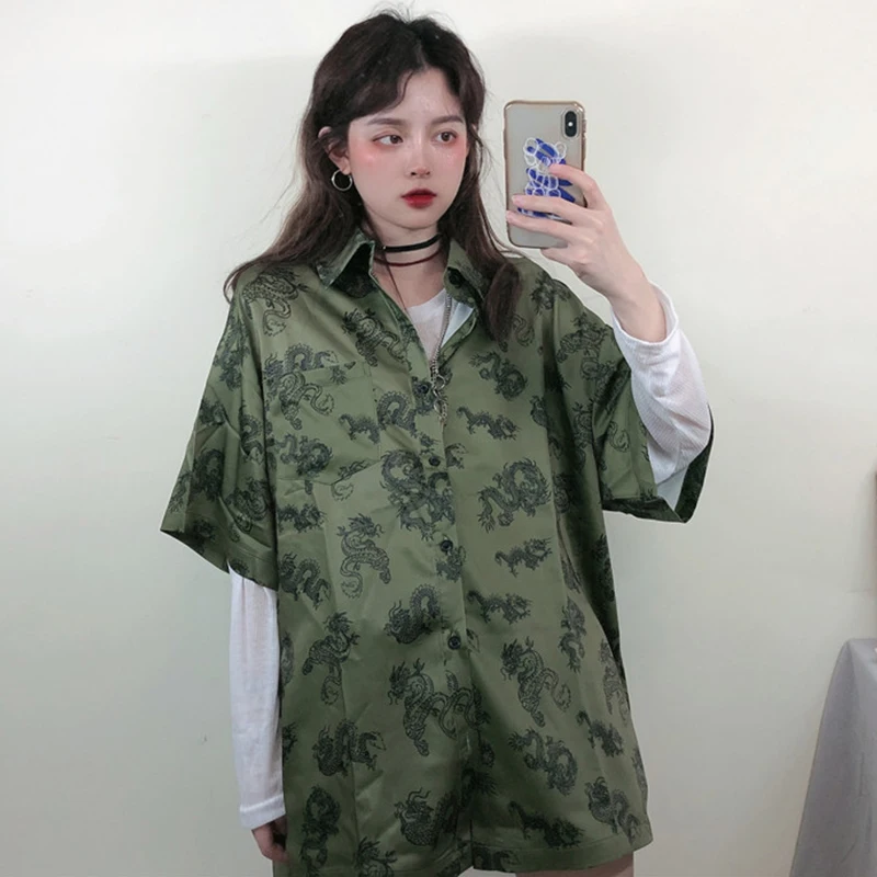 Harajuku Dragon oversize Blouse Women Print Shirt 2020 Spring summer Ladies Loose Blusa Streetwear Camisas Mujer