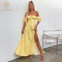 htzmo floral summer dress women sexy high side split dresses puff sleeves square neck tie up boho robe holiday beach wear 2021