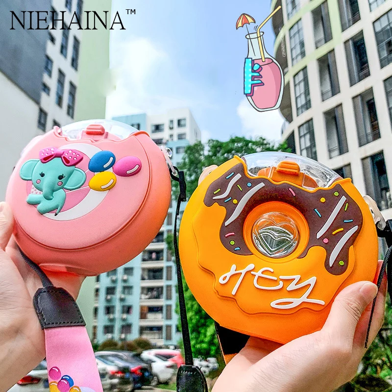 

380ML Donuts Cute Children's Water Cup Straw Cup Men's and Children's Water Bottle Portable Strap Cup