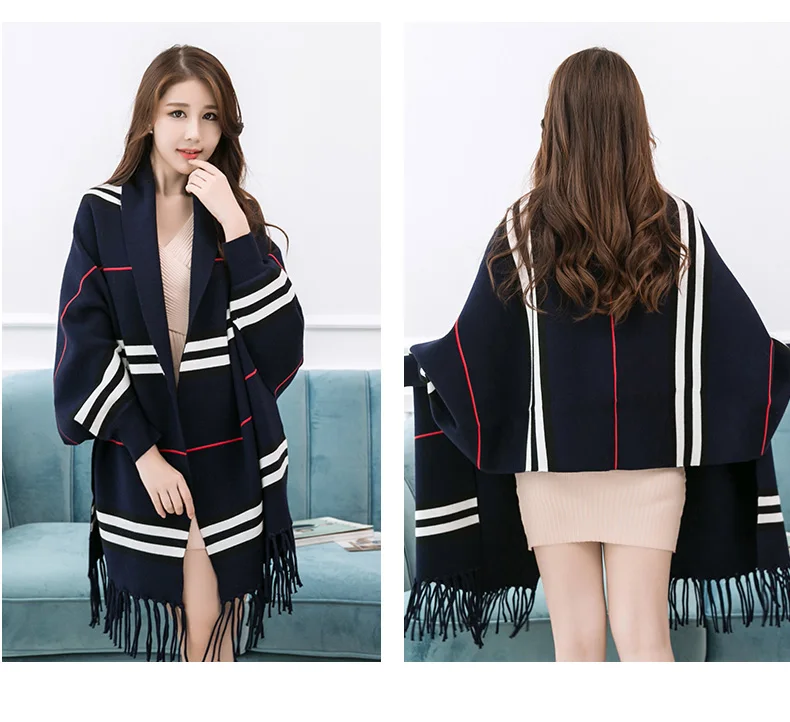 Модный женский вязаный кардиган весна осень stripeMid длинные кисточки свитер-накидка пальто шаль s300