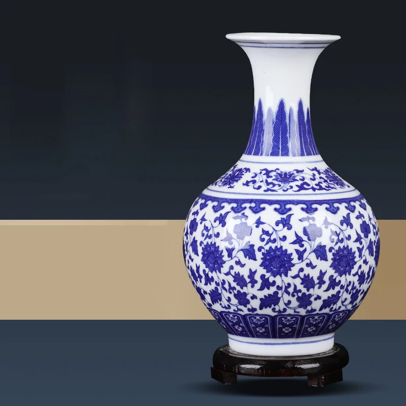 Китайские маленькие размеры голубая и белая ваза для цветов настольные