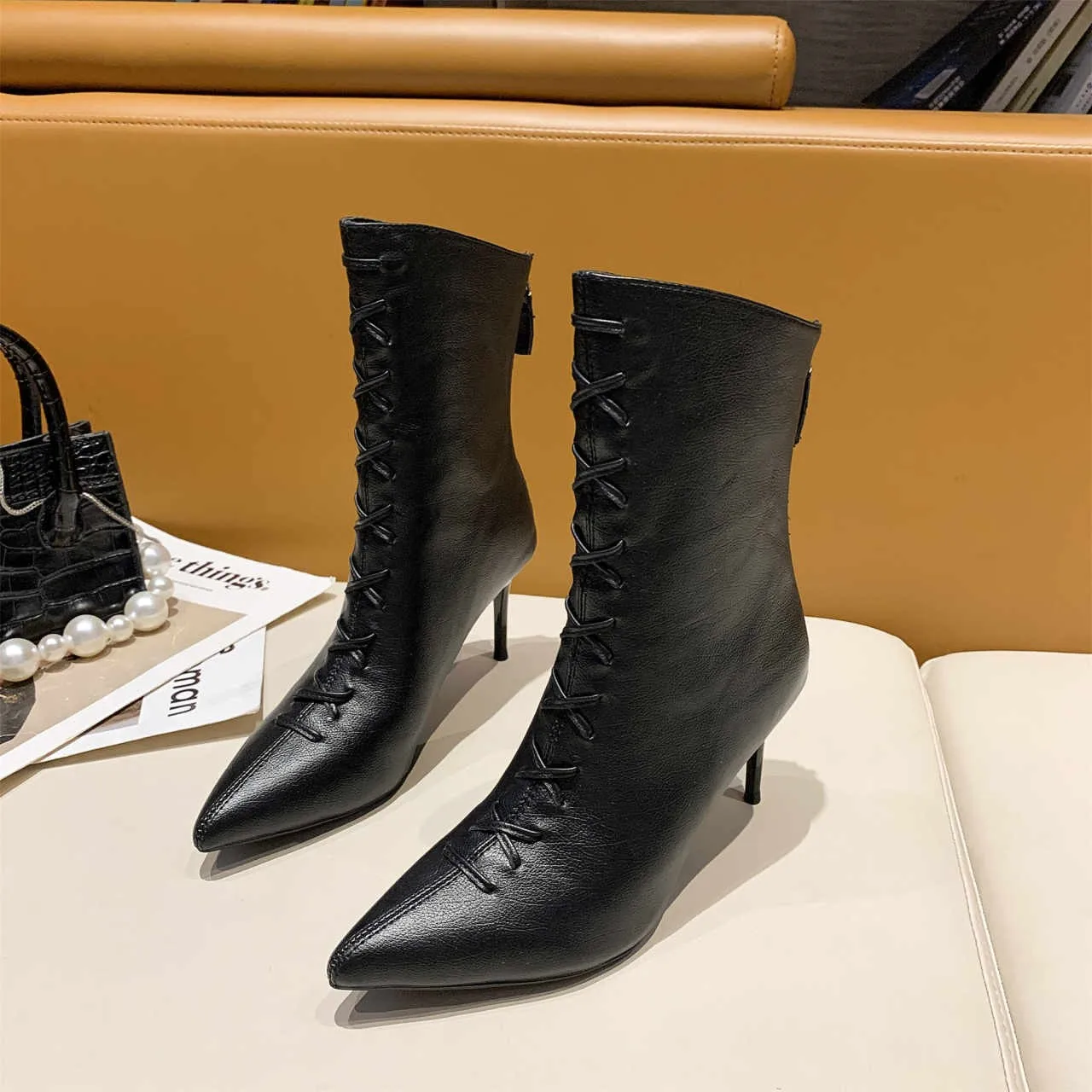 Ladies Ankle Boots Winter Leather High Heels Boots Ladies Fashion Pointed Gladiator Black Women's Leather Shoes