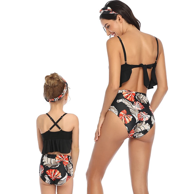 Женский купальник с оборками и принтом в виде листьев высокой талией Детский