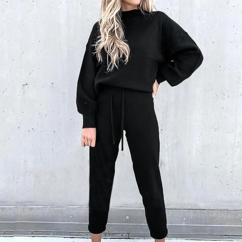 

Thick Trendy Pure Color Women Pullover Pants Set Two Piece Set Sweatshirt Pants Set Shrinkable Cuff for Vacation