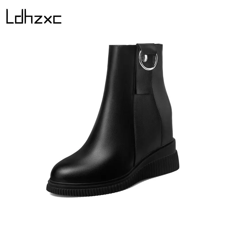 

LDHZXC Genuine Leather Platform Boots Women Ankle Boots for Winter Warm Height Increasing Boots Female Shoes Black Botas Mujer