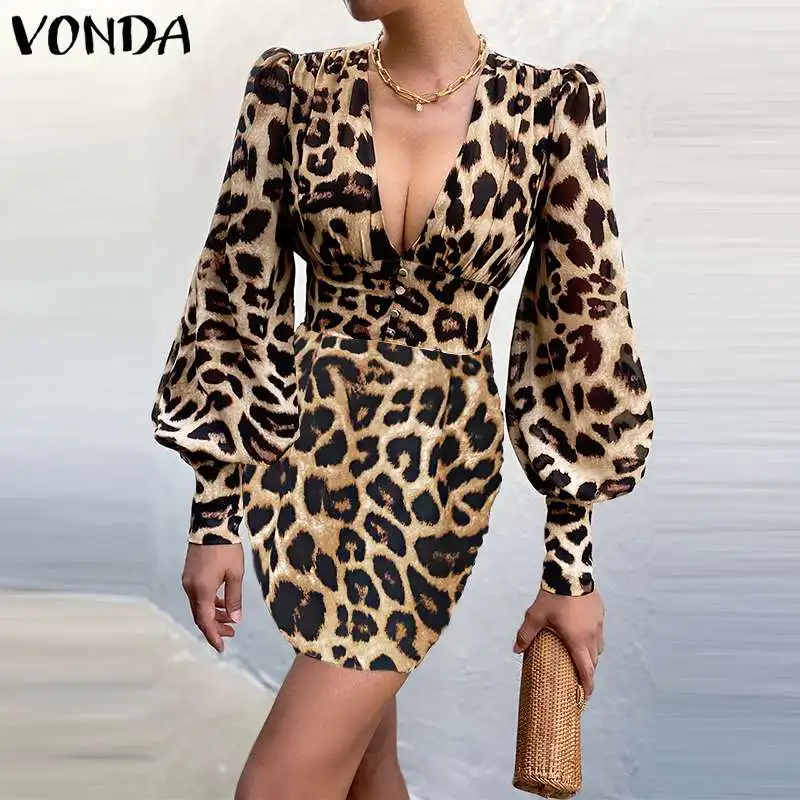 

VONDA Women Mini Dress 2021 Sexy Deep V Neck Lantern Sleeve Vintage Leopard Print Dresses Elegant OL Office Vestidos Oversize