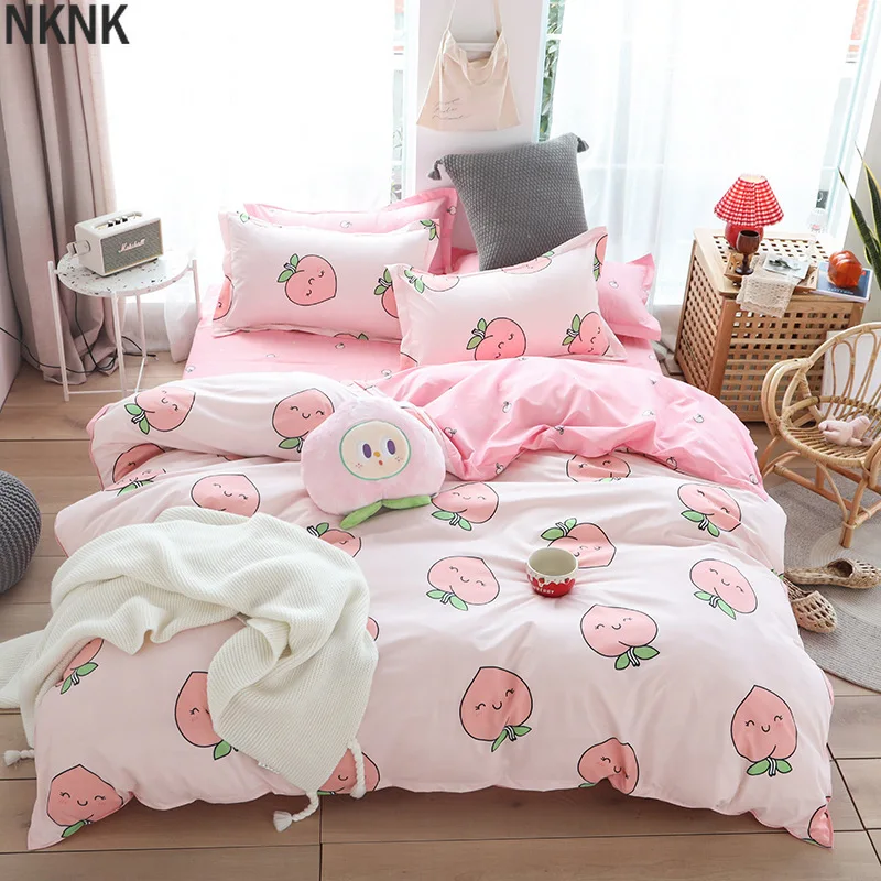 

Cute bed linens peach print Home textile bedding luxury fruit duvet cover set sheet bedclothes 3/4pcs girls gift queen king size