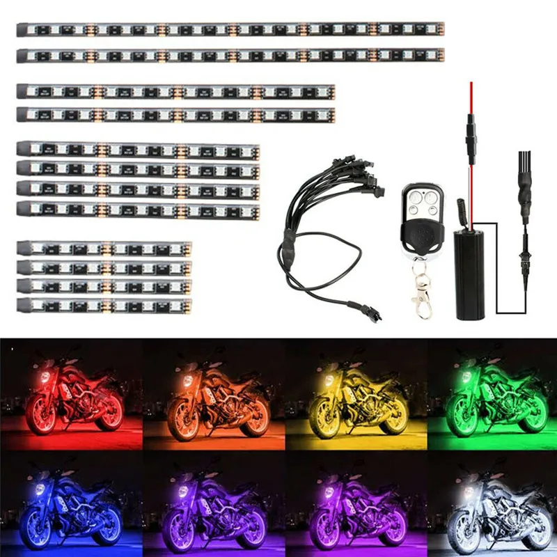 

12pcs/set Motorcycle LED Neon Strip Lamp RGB 15-colors Remote Control Under Glow Lights 5050SMD LED Car Decorative Light Strip