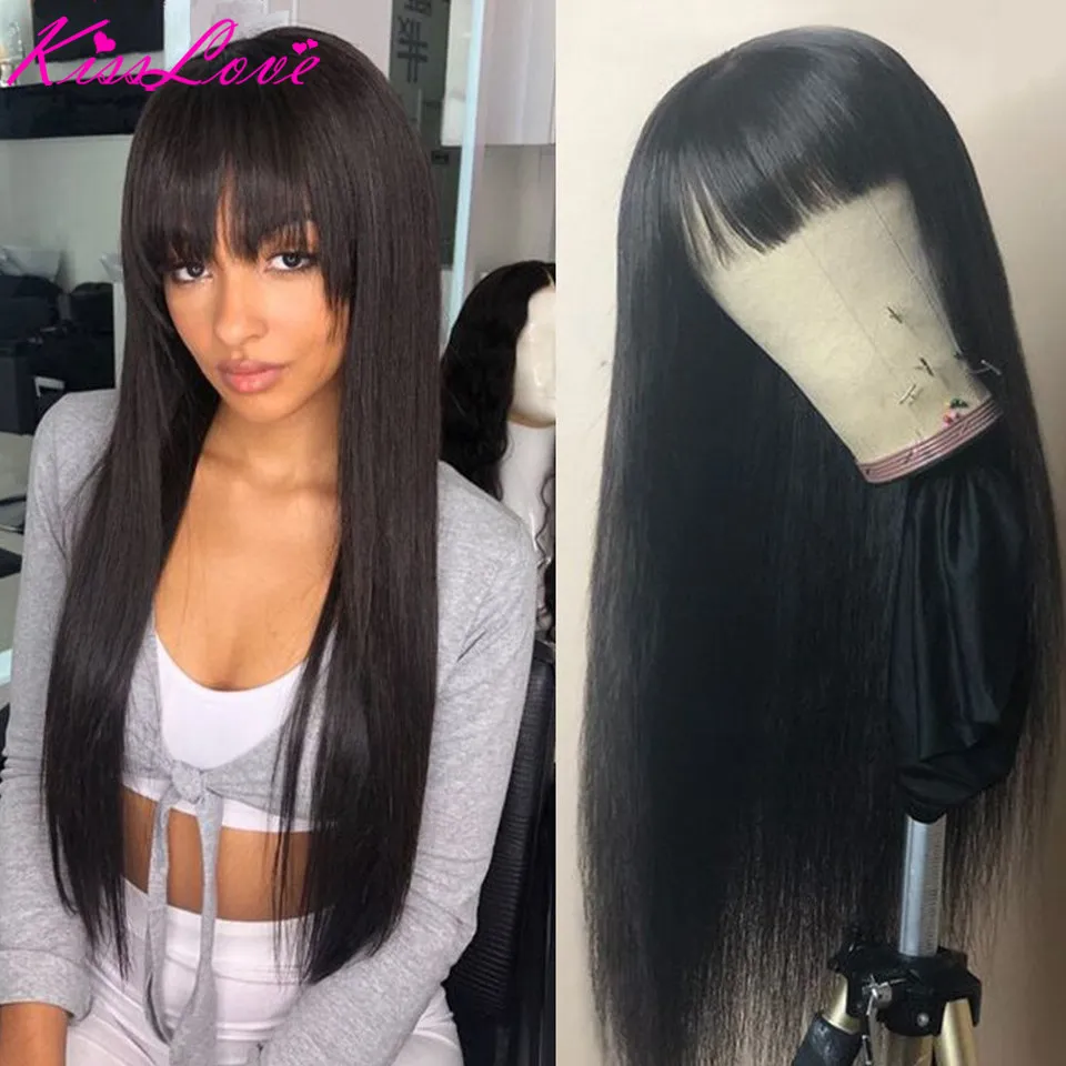 

KissLove Bone Straight 100% Human Hair Wigs With Bangs Remy Full Machine Made Fringe Wig Cheap Long Brazilian Wigs for Wowen