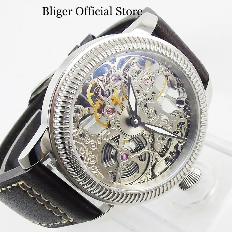 Часы мужские с полым циферблатом и кожаным ремешком 44 мм|Мужские механические