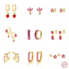 Женские серьги-гвоздики из стерлингового серебра 925 пробы с розовым и красным кристаллом и кубическим цирконием, подарочные серьги-гвоздики с бабочками и цветами