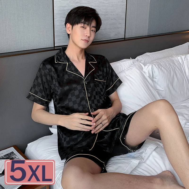 couple snight pijamas M-5XL Summer Short Plaid Silk Pajama for Men 2pc Plus Size Short Set 3xl Pijama Hombre Loungewear Homewear