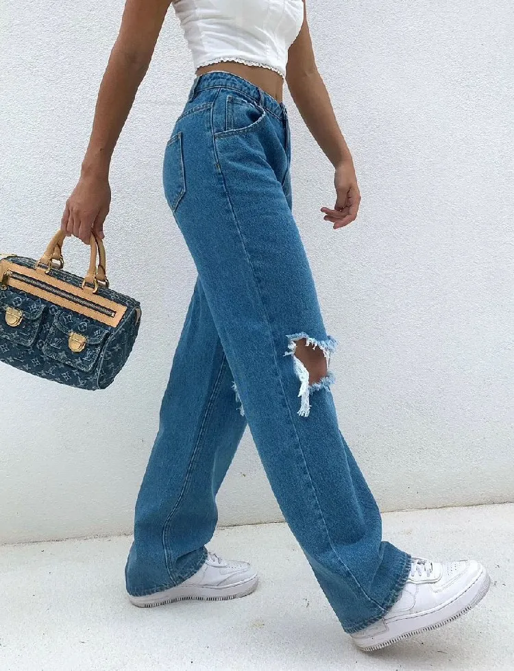 

High Waist Ripped Women Jeans Mom Straight Leg Wide Denim Pants Baggy Blue Cut Out Streetwear Classic Trousers Fashion Vintage