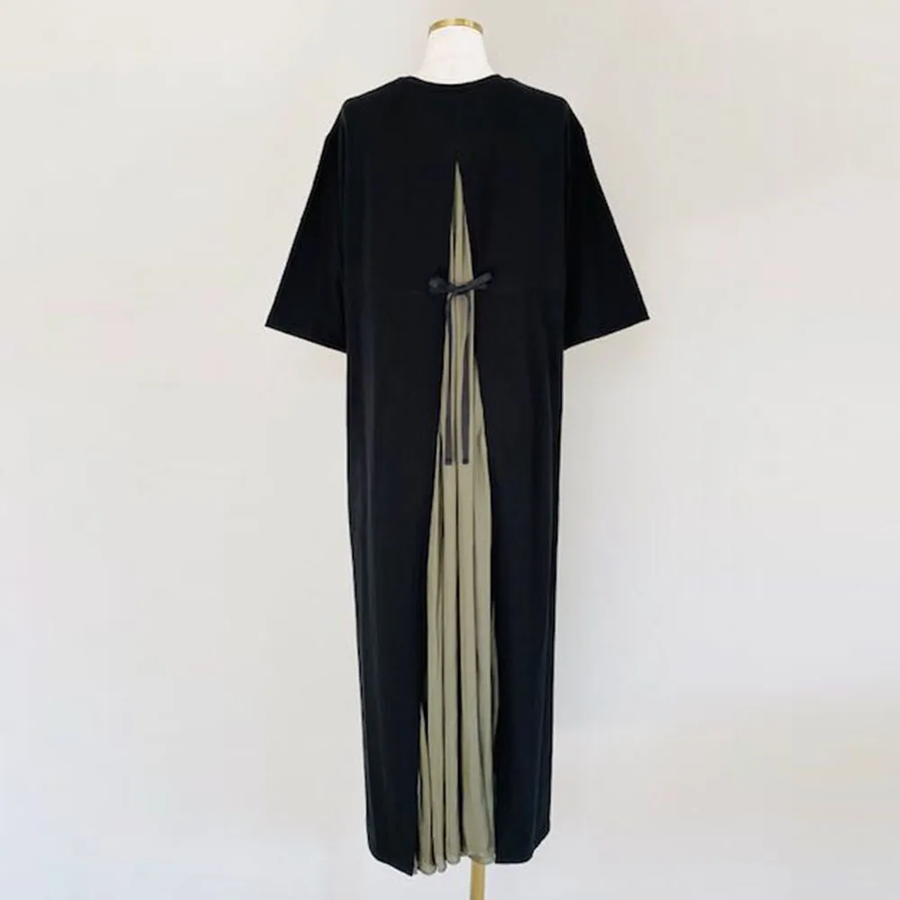 

Korean Chic Style 2021 Japanese Long Dress Girl Sweet Temperament Round Neck Color Plug Bow Sleeve Dress Female Patchwork