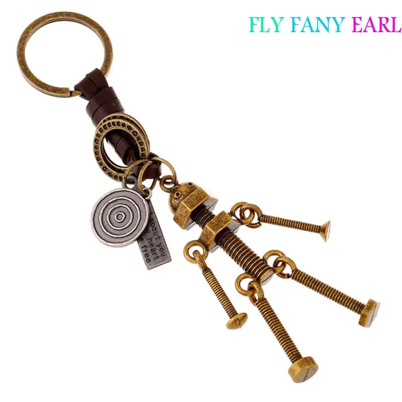 Панк робот натуральная кожа брелки Винтажный Мужской брелок медный сплав ручная