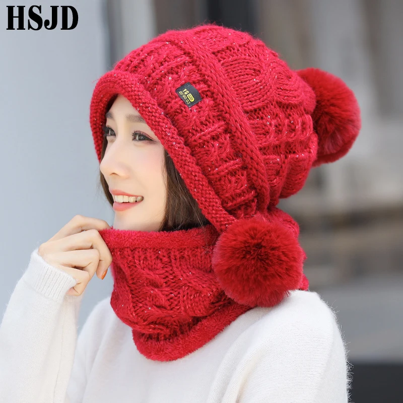 Зимние шапки для женщин с блестками вязанные шарф и шапка милые теплые тремя