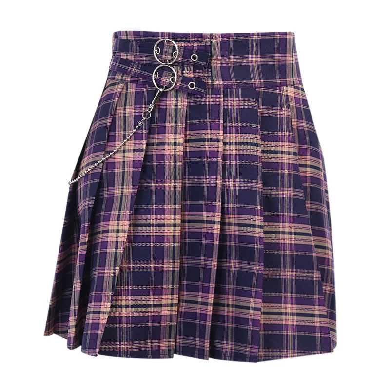 

Purple Plaid Skirt Summer Fashion Kilt Womens Casual Pleated Dress High Waist Elegant Streetwear Chic Skirt with Iron Chain