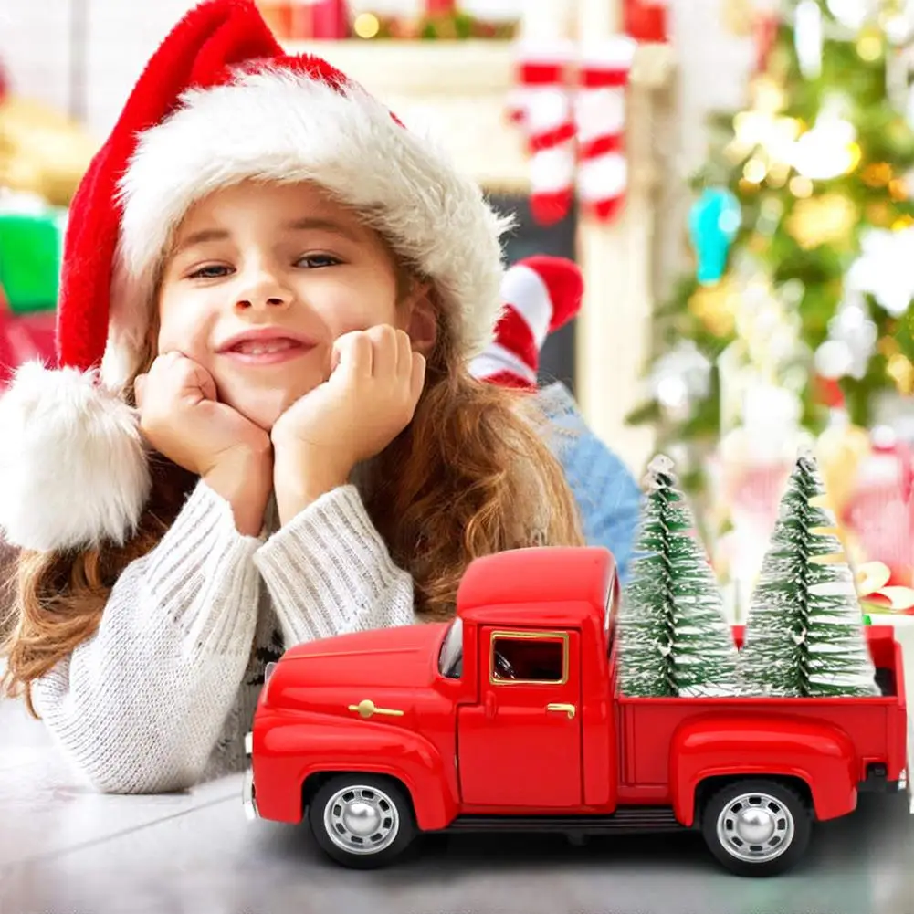 

Christmas Trucks Decoration Transporting Christmas Tree Red Car Ornament Retro Vintage Metal Pickup Truck Kids Gifts For Birthda