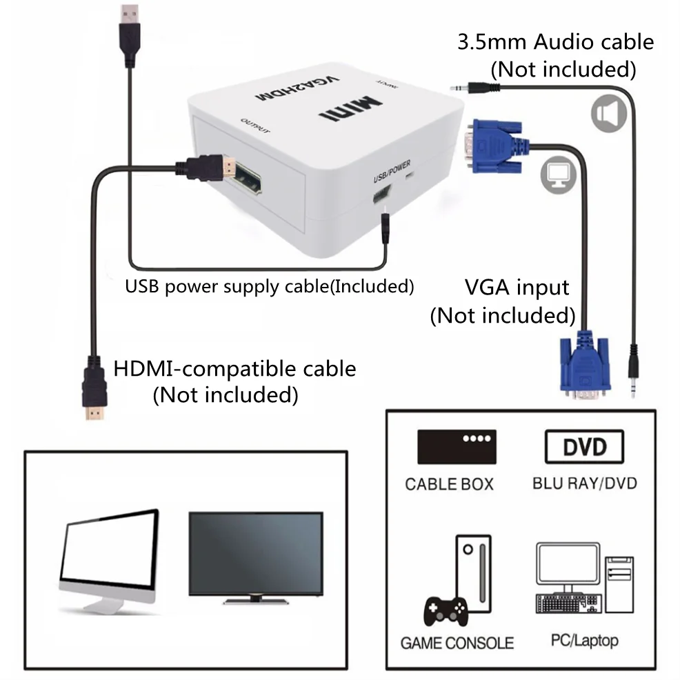LccKaa Mini VGA-HDMI-совместимый конвертер VGA2HDMI видеобокс аудио адаптер 1080P для ноутбука