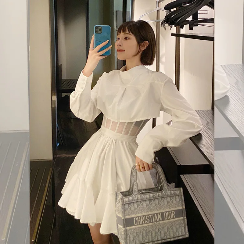 

Design feeling fishbone strip fake two pieces dress for women 2021 early spring new fashion crowd fashionable foreign style