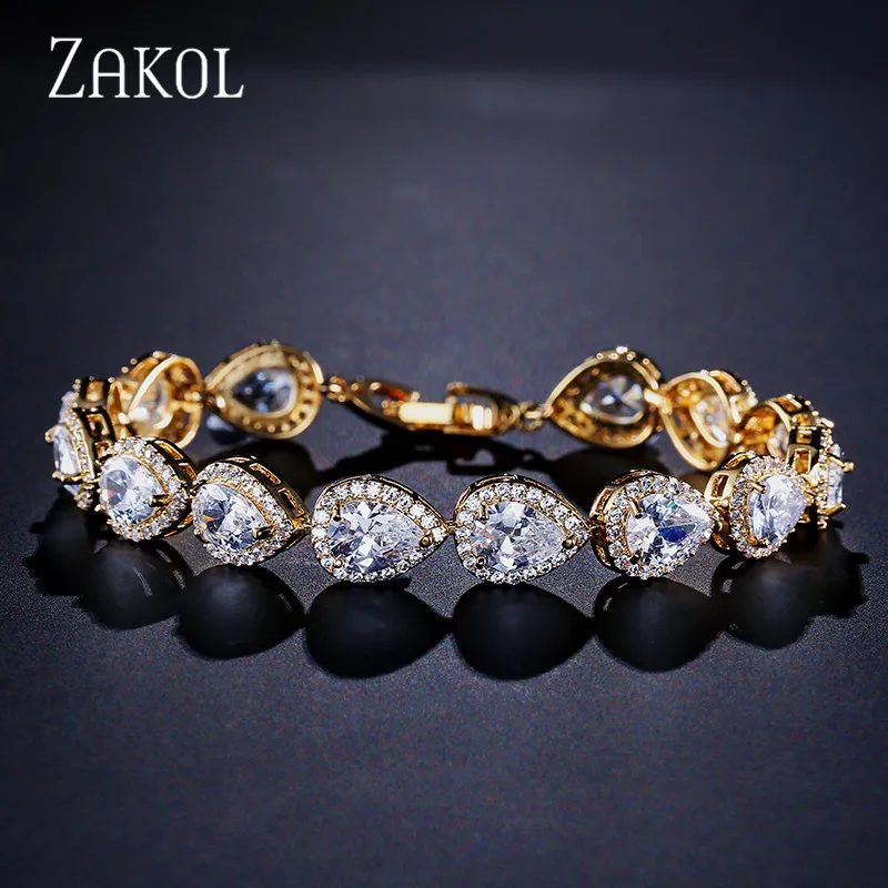 Gold Color ZAKOL модный элегантный браслет в форме капли воды с кубическим цирконием, 3 цвета, браслеты для женщин, свадебные ювелирные изделия FSBP099 - Окраска металла: Gold Color