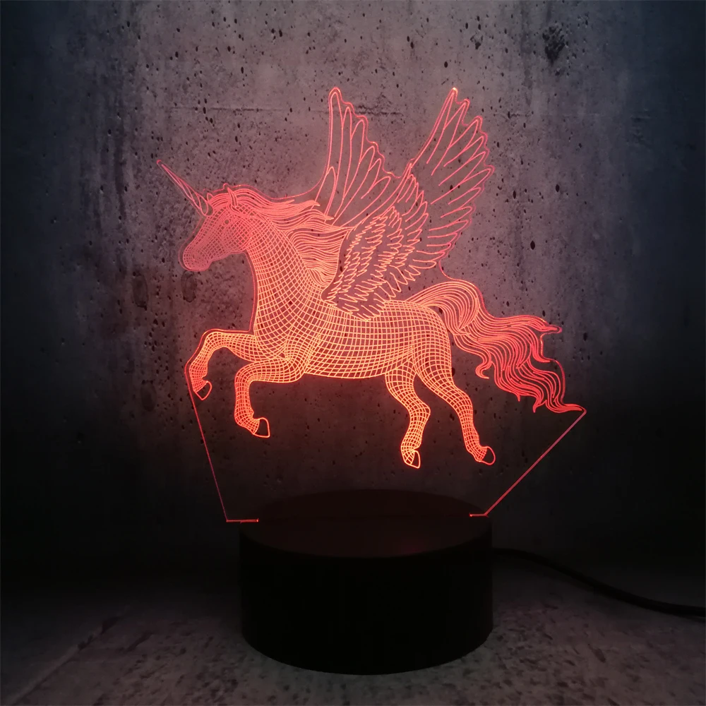 3D светодиодный светильник ночник с крылатым единорогом RGB лампа вечерние