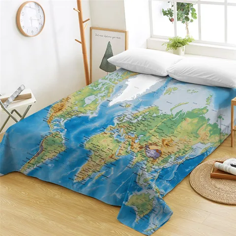 BeddingOutlet, простыни с рисунком карты мира, голубое плоское постельное белье с принтом, постельное белье с океаном, многофункциональное, двуспальное, для дивана, из микрофибры