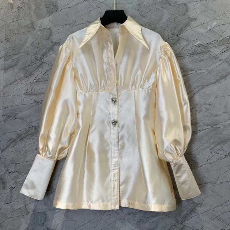 

Женский топ с отложным воротником, однотонный универсальный топ с длинными рукавами-фонариками и пуговицами в форме сердца, 2021, 809