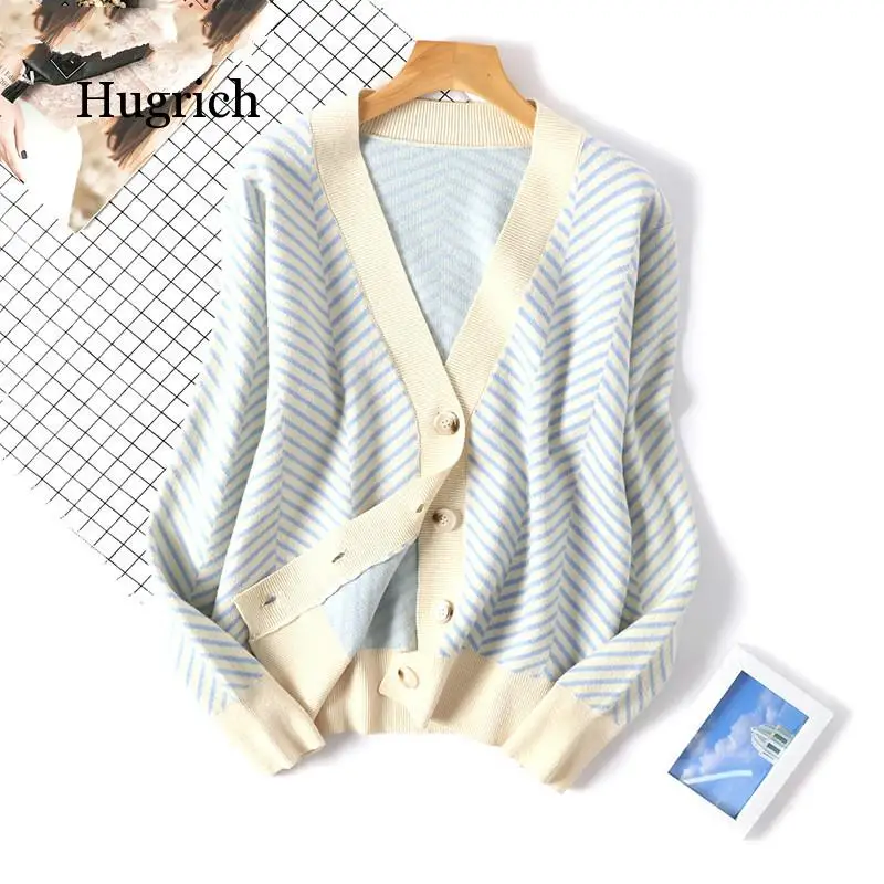 

Single Breasted Stripe Cropped Cardigan Women Botton Up Cotton Sweaters Women Autumn Winter Casual Knitwear Female V-Neck