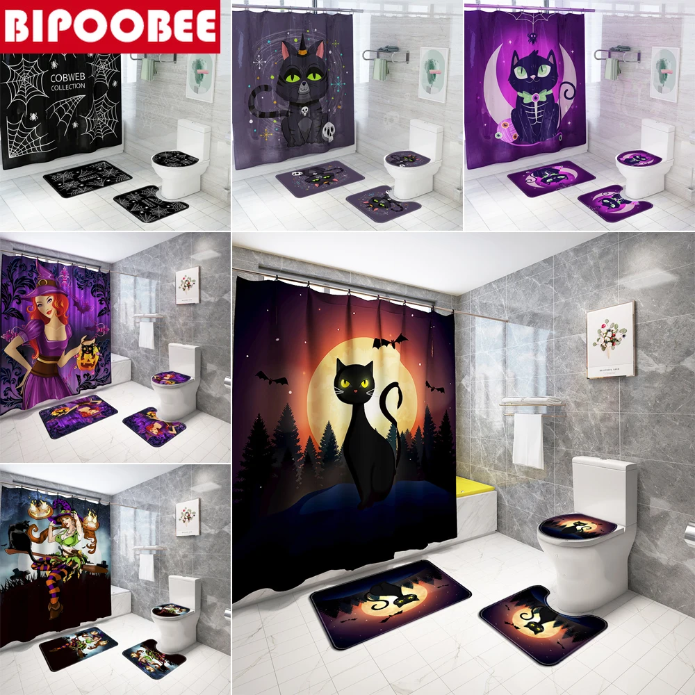 

Halloween Dark Cat Print Waterproof Shower Curtains 3d Cartoon Witch Bathroom Curtain Set Bath Mats Rugs Toilet Lid Cover