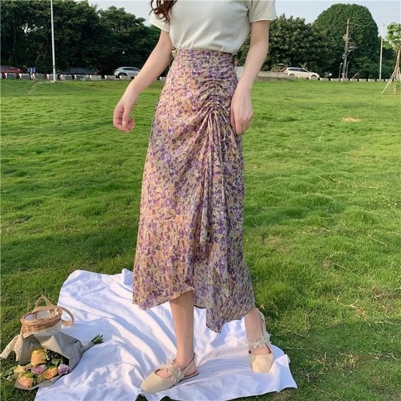 

French Style Floral Print Long Skirts Vintage Cottagcore Ruffles Pleated Drawstring Elastic Waist New Korean Fashion Midi Skirts