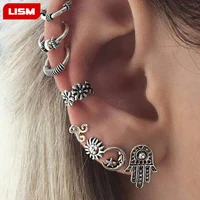 punk style silver color earring sets ethnic bohemia ear clip stud earrings for women feather leaf owl earrings wholesale