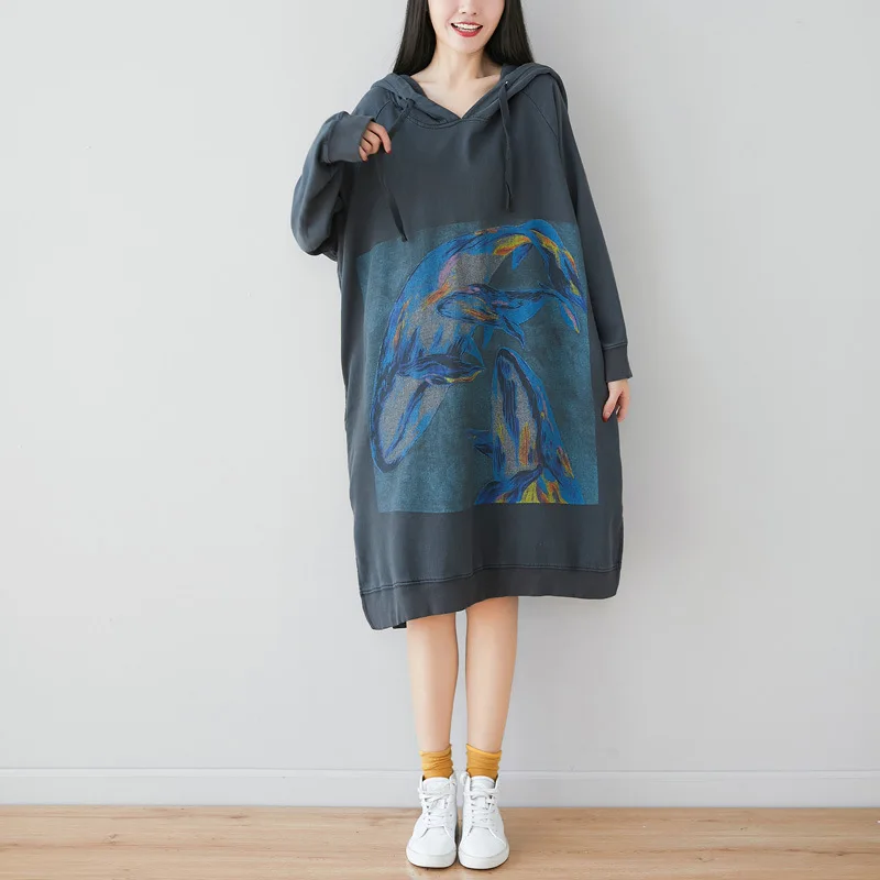 Johnature Новое свободное удобное платье с карманами размера плюс капюшоном 2021