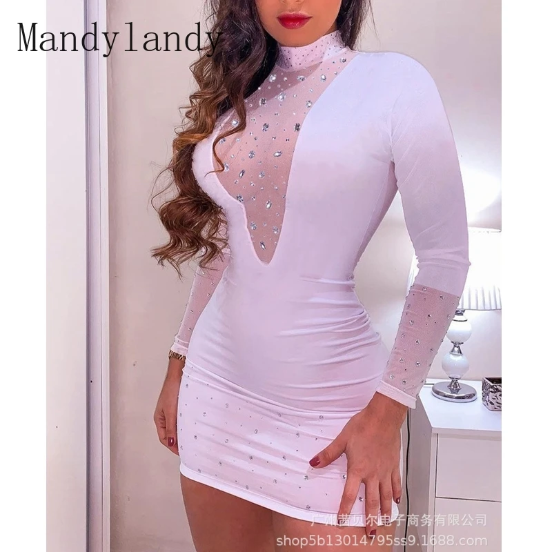 

Mandylandy Diamond Dress Elegant Long Sleeve Stand Collar Slim High Waist Dress Women's Sexy Mesh See-through Stitching Dress