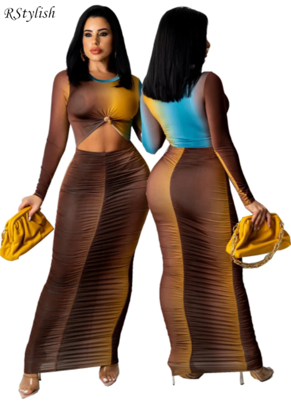 

RStylish Elegant Classy Gradient Color Ruched Dress Women Waist Band Cut Out Long Sleeve Party 2022 Spring Skinny Dresses