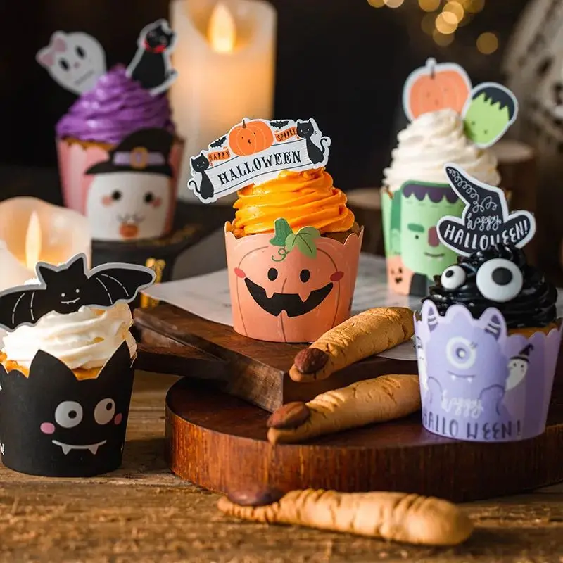 

Halloween Cupcake Chef Craft Paper Patterned Liners 50 count Toppers Wrappers Horror pumpkin Cake Decoration Party Suppliers