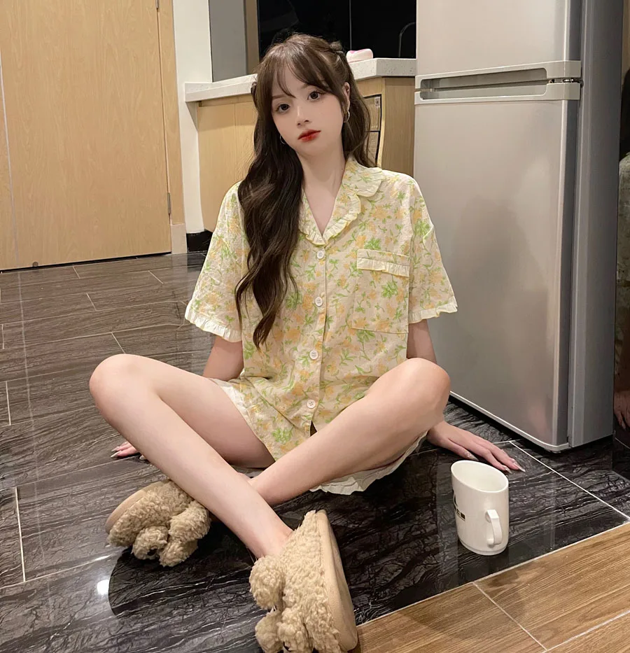 

summer ruffles cute pajama set women home clothes floral print tops shorts 2pcs homewear short sleeve students sleepwear L328