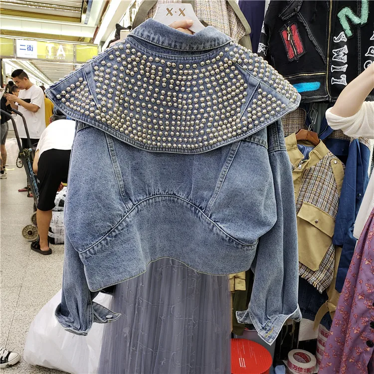 

Heavy Industry Rivet Denim Jacket Women 2020 Spring New Short Paragraph Disassembly Shawl Lapel Collar Retro Jeans Jacket Female