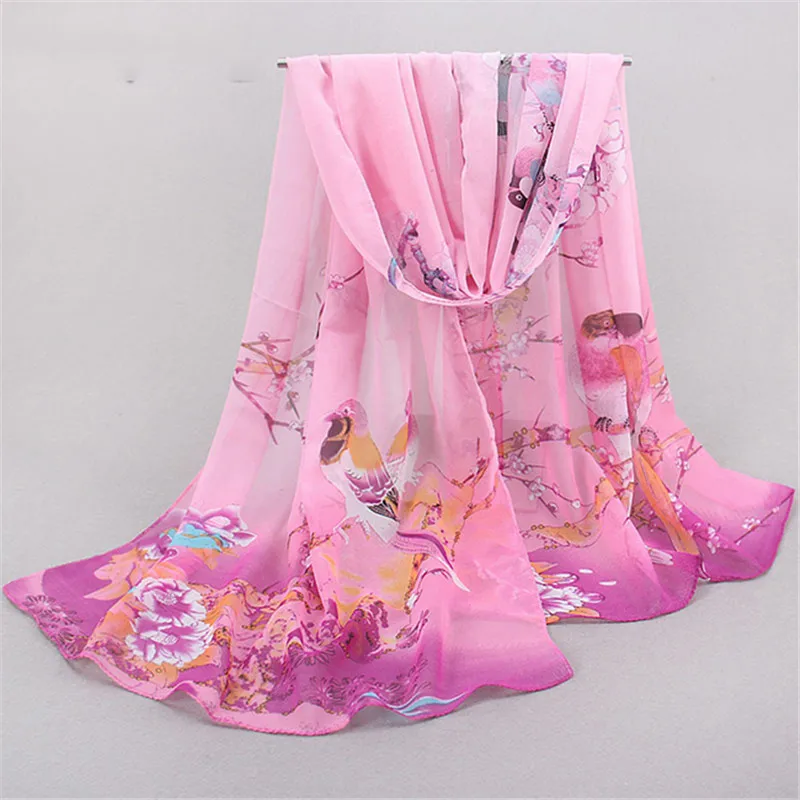 

160*50cm Hot Sale Fashion Chiffon Scarf Autumn Winter Ladies Pashmina Birds Flowers Print Scarves Shawl For Women
