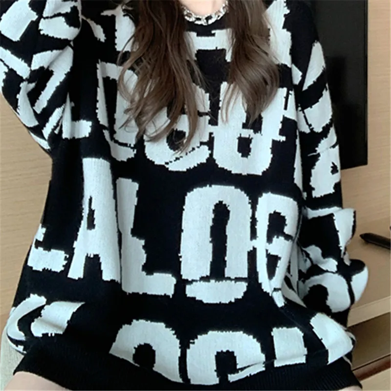 

Autumn Winter Warm Knitted Sweater Women Letter Embroidery Fashion O-Neck Long Sleeve Pullovers Female Loose Harajuku Sweaters