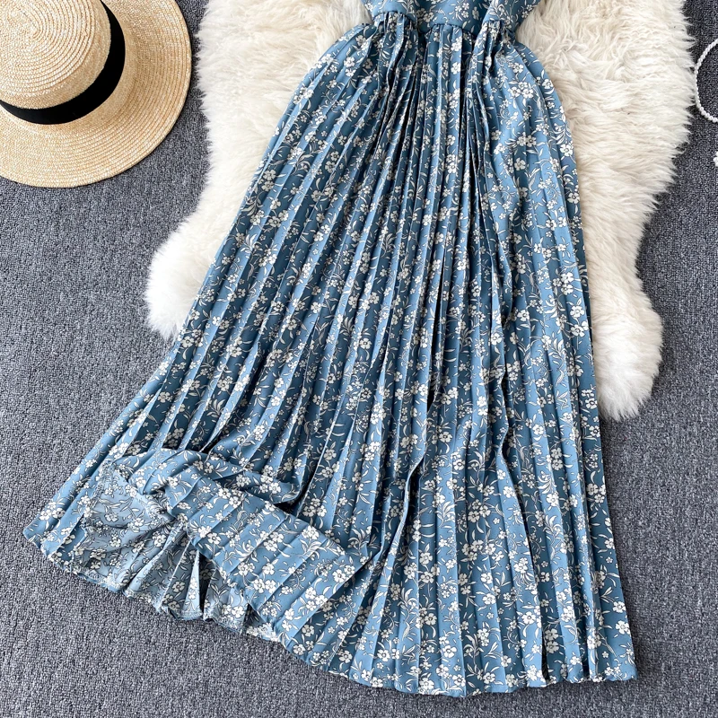 

Women Floral Print Dress Sexy V Neck Sleeveless Backless A-line Dresses Summer Spaghetti Strap Boho Pleated Beach Dress