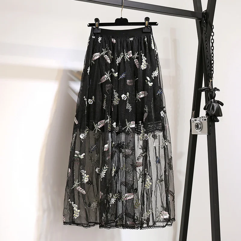 Женская летняя сетчатая юбка пачка трапециевидной формы с вышивкой перьев до