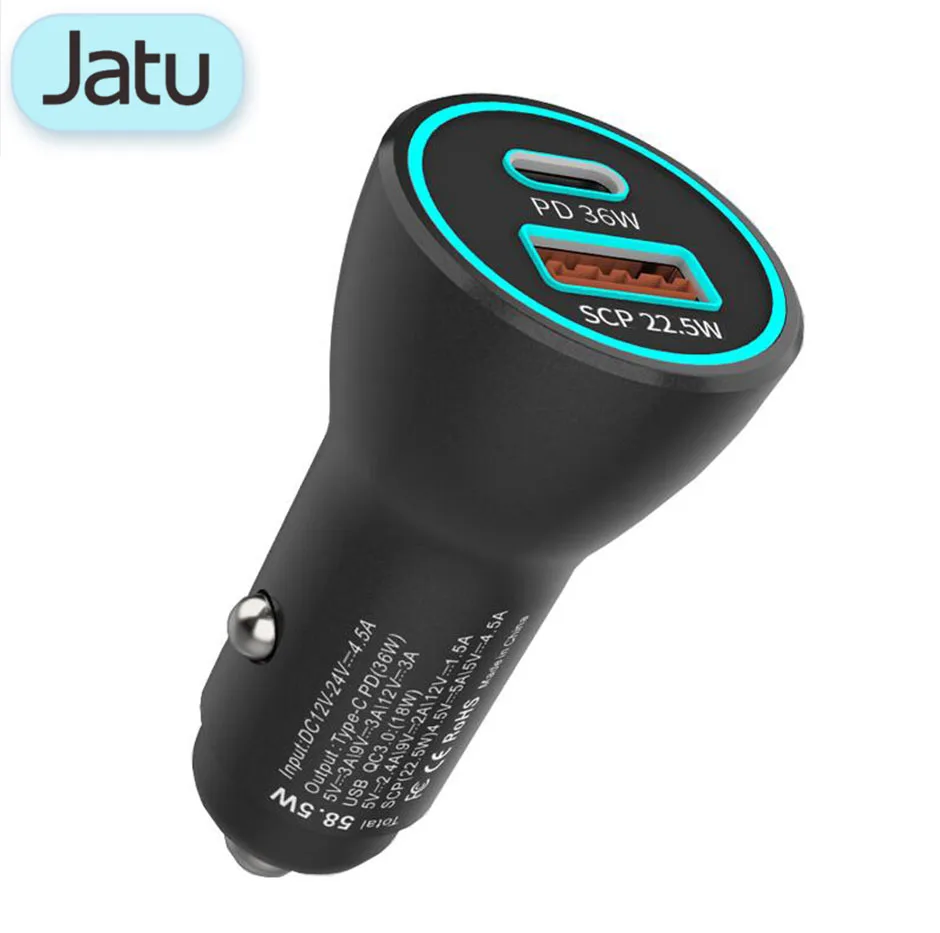 

JATU 58.5W PD Car Charger Quick Charge. QC 3.0 SCP/QC3.0/VOOC/AFC/FCP/PE 5A USB Type C Fast Charging For iPhone Xiaomi Huawei