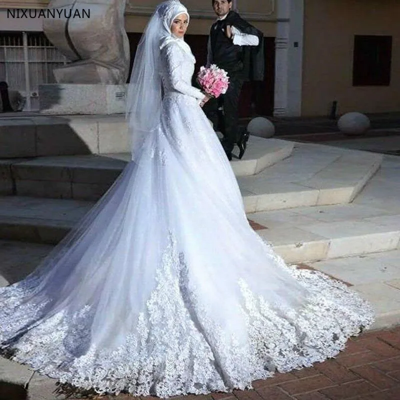 

Muslim Long Sleeve Wedding Dresses High Neck Tulle Lace Islamic Wedding Gowns Court Train Plus Size Vestido De Noiva