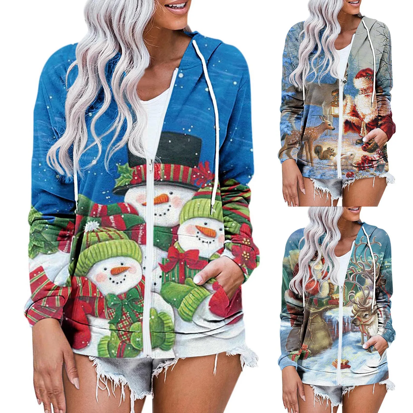 

Santa Print Jacket Zip Up Hoodies Oversized Women Korean Hooded Long Sleeve Zipper Chrismas Drawstring Casual Coat Outerwear New