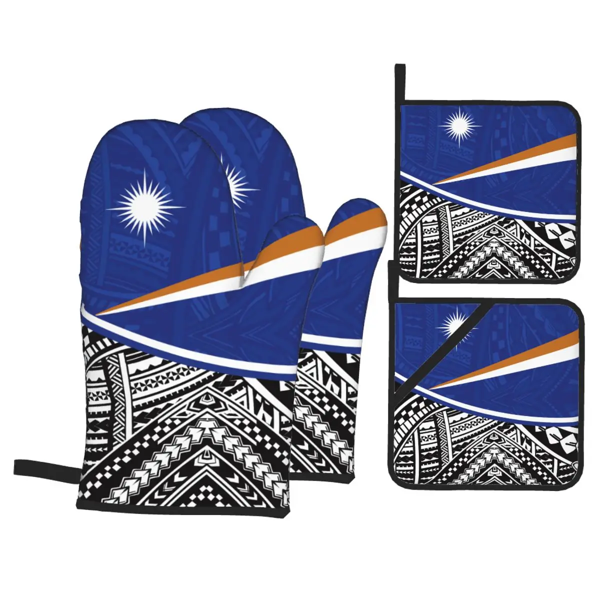 

Marshall Island Flag Printing BBQ/Microwave Oven Mitts Kitchen Set of 4 Heat-insulating Glove & Pad Washable Potholder Guantes