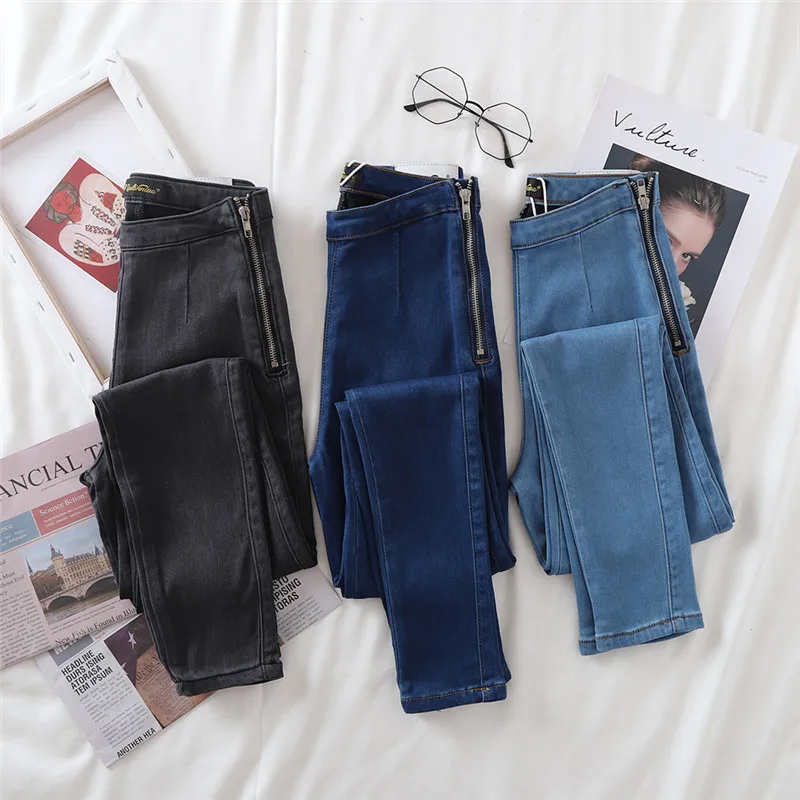 2020 spring 4 Color Available Side Zipper Jeans Women Autumn high waist Skinny Pencil denim pants | Женская одежда