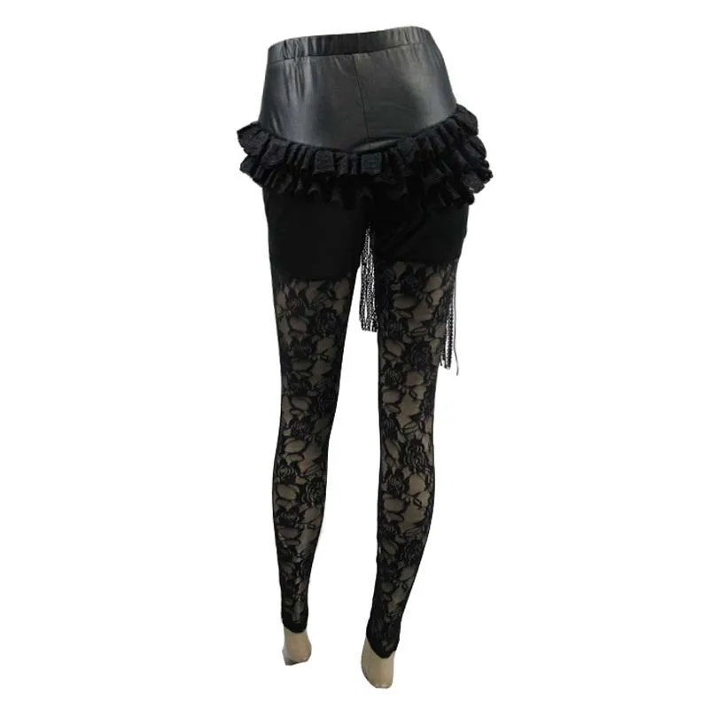 

Gothic New Black Sexy Splicing Lace Pants Leather Slim Fit Leggings Skinny PU Pants Trousers High Quality Trousers PK187