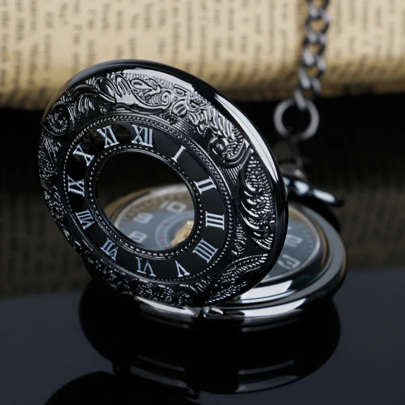 Antique Black Hand Wind Mechanical Pocket Watch Men Necklace Fob Pocket Watch for Men zuster klokje relogio de PJX1215