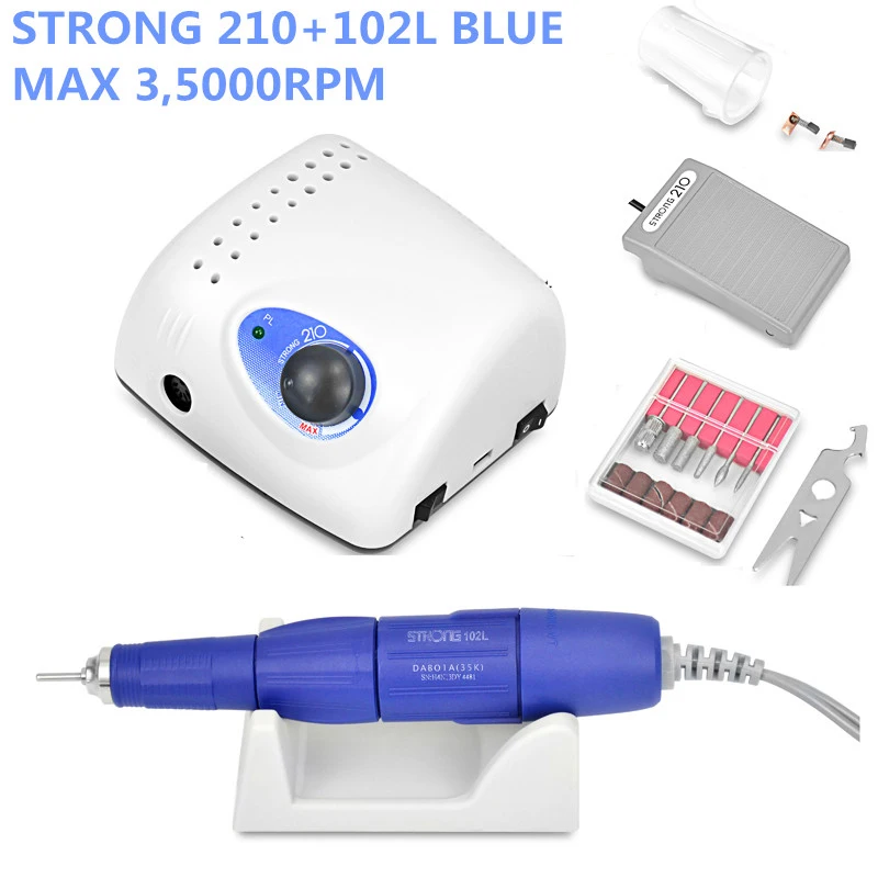 strong 210 blue 65W 35000/45000 об/мин, Электрический Фрезер для ногтей, сверлильный станок сильный 210 модель 204 наконечник маникюра и педикюра, фрезер для ногтей файл бит для маникюра, оборудование для маникюра - Цвет: strong 210 blue
